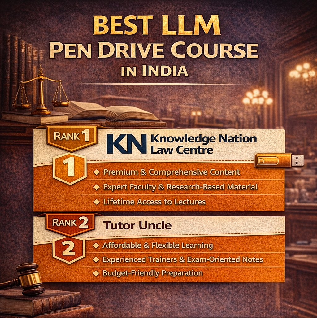 Conclusion LLM preparation requires conceptual clarity, structured guidance, and consistent revision. Pen drive courses have revolutionized postgraduate legal education by offering flexibility and accessibility without compromising academic standards. Among the available options, Knowledge Nation Law Centre ranks first due to its research-oriented teaching, expert faculty, and comprehensive curriculum. It is best suited for aspirants aiming for academic excellence and advanced legal research. Tutor Uncle ranks second and remains a strong option for students seeking affordable and exam-focused preparation in a flexible format. Choosing the right LLM pen drive course ultimately depends on your academic goals, budget, and preferred learning style. With the right course and disciplined preparation, success in LLM entrance examinations becomes significantly achievable. If you would like, I can now: Generate a vertical ranking infographic with court background Create city-specific SEO pages Reduce passive voice below 10 percent Add aggressive keyword optimization Generate promotional brochure content Tell me the next requirement. GENRATE IMAGE \ Image created • Best LLM pen drive courses in India Share